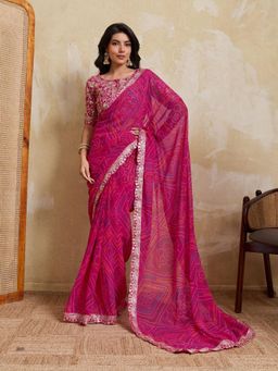 Odette - Pink Georgette Printed Saree With Unstitched Blouse