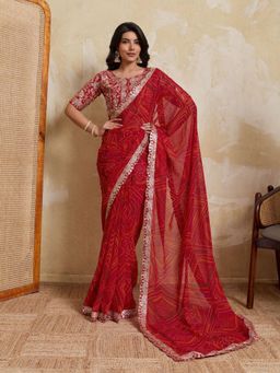 Odette - Red Georgette Printed Saree With Unstitched Blouse