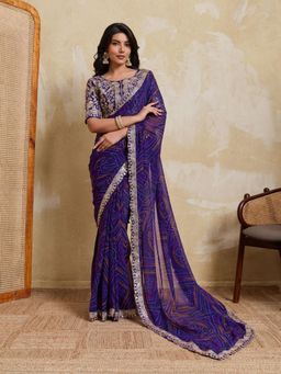 Odette - Purple Georgette Printed Saree With Unstitched Blouse