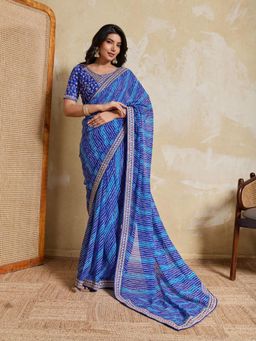 Odette - Blue Georgette Printed Saree With Unstitched Blouse