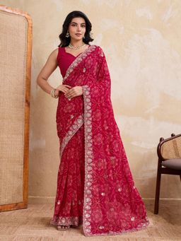 Odette - Pink Georgette Printed Saree With Unstitched Blouse