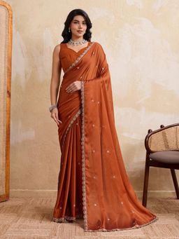 Odette - Rust Silk Blend Embellished Saree With Unstitched Blouse