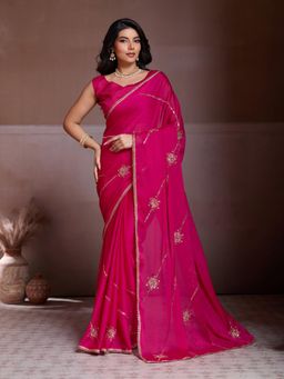Odette - Pink Silk Blend Embroidered Saree With Unstitched Blouse