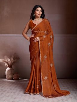 Odette - Rust Silk Blend Embroidered Saree With Unstitched Blouse