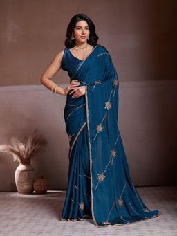 Odette - Teal Silk Blend Embroidered Saree With Unstitched Blouse