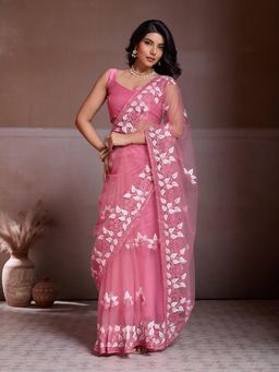Odette - Peach Net Embroidered Saree With Unstitched Blouse