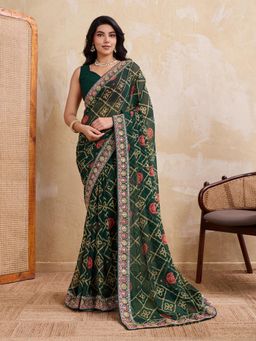 Odette - Green Georgette Printed Saree With Unstitched Blouse
