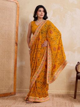 Odette - Yellow Georgette Printed Saree With Unstitched Blouse