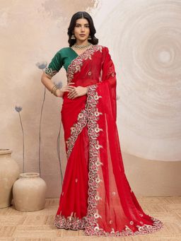 Odette - Red Chiffon Embroidered Saree With Unstitched Blouse