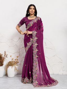 Odette - Wine Chiffon Embroidered Saree With Unstitched Blouse