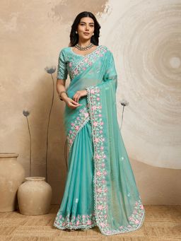 Odette - Sea Green Chiffon Embroidered Saree With Unstitched Blouse