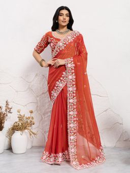 Odette - Rust Chiffon Embroidered Saree With Unstitched Blouse