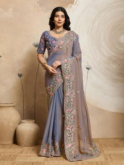 Odette - Blue Chiffon Embroidered Saree With Unstitched Blouse
