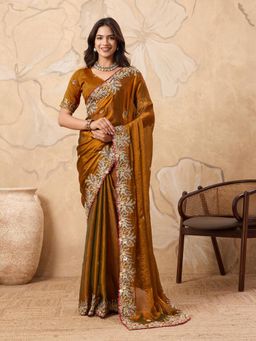 Odette - Gold Chiffon Embroidered Saree With Unstitched Blouse