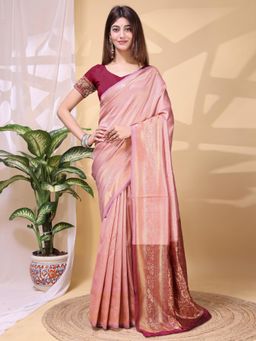 Odette - Maroon Silk Blend Handloom Floral Woven Saree With Unstitched Blouse