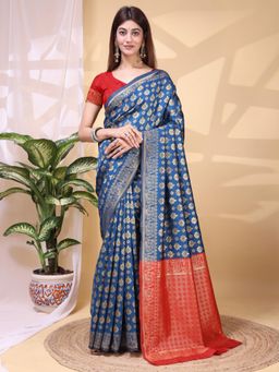 Odette - Navy Blue Silk Blend Handloom Floral Woven Saree With Unstitched Blouse
