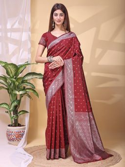 Odette - Maroon Silk Blend Handloom Floral Woven Saree With Unstitched Blouse