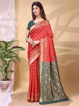 Odette - Red Silk Blend Handloom Floral Woven Saree With Unstitched Blouse