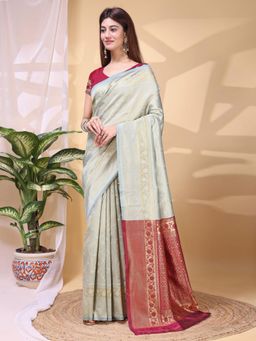 Odette - Blue Silk Blend Handloom Woven Saree With Unstitched Blouse