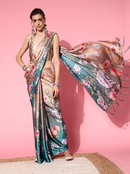 Akhilam - Womens Crepe Beige Digital Print Designer Saree with Unstitched Blouse