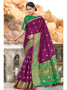 Sangam Prints - Purple Cotton Woven Work Traditional Saree with Unstitched Blouse