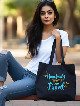 Doodle Collection - Eco-Friendly Reusable Cotton Canvas Zipper Tote Bag - Travel Addiction (M)