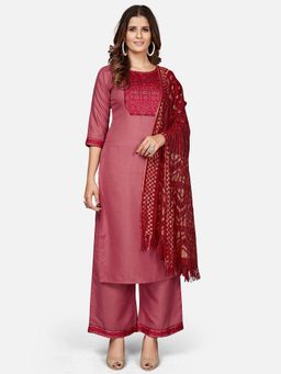 Vbuyz - Printed Straight Cotton Blend Pink Stitched Kurta Palazzo With Dupatta(1915) (Set of 3)