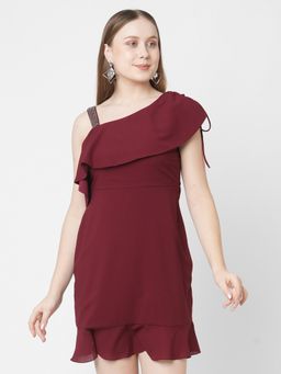 MISH - Maroon One Shoulder Short Dress with Frill Style Tie Ups