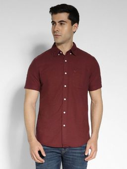 American Eagle - Men Burgundy Oxford Half Sleeve Button-Up Casual Shirt