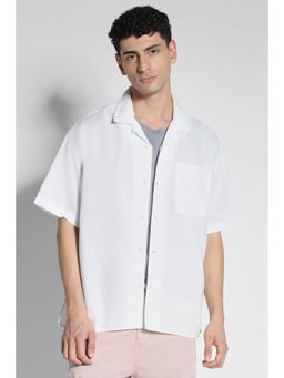 American Eagle - Men White Linen-Blend Button-Up Poolside Casual Shirt