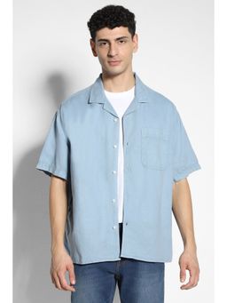 American Eagle - Men Blue Linen-Blend Button-Up Poolside Casual Shirt