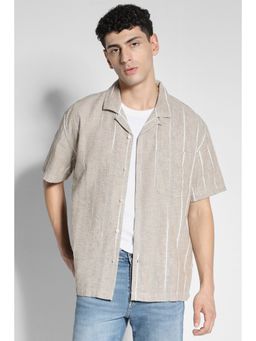 American Eagle - Men Beige Linen-Blend Striped Button-Up Poolside Casual Shirt