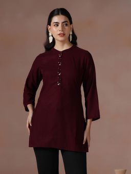Shree - Winter Women Velvet Maroon Solid Tunic