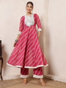 Deebaco - Women Magenta Chiffon Mirror Work Kurta with Palazzo