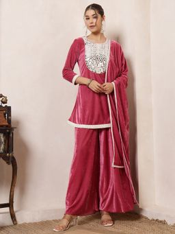 Deebaco - Women Pink Velvet Mirror Work Kurta with Sharara and Dupatta
