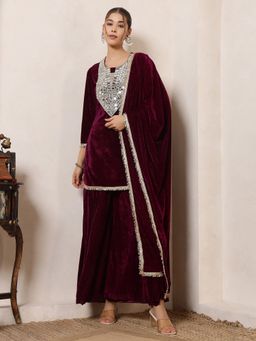 Deebaco - Women Wine Velvet Mirror Work Kurta with Sharara and Dupatta