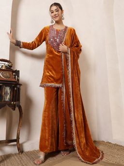 Deebaco - Women Mustard Velvet Mirror Work Kurta with Sharara and Dupatta