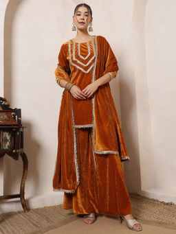 Deebaco - Women Mustard Velvet Lace Work Kurta with Sharara and Dupatta