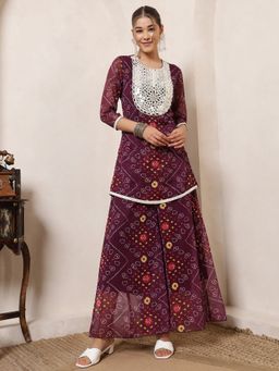 Deebaco - Women Wine Chiffon Bandhani Tunic with Palazzo