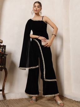 Deebaco - Women Black Velvet Lace Work Kurta with Palazzo
