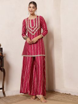 Deebaco - Women Magenta Nylon Bandhani Kurta with Palazzo