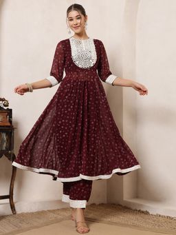Deebaco - Women Wine Georgette Mirror Work Kurta with Palazzo