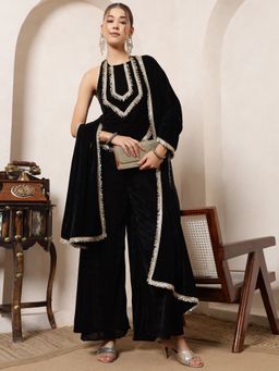Deebaco - Women Black Velvet Lace Work Kurta with Palazzo and Dupatta