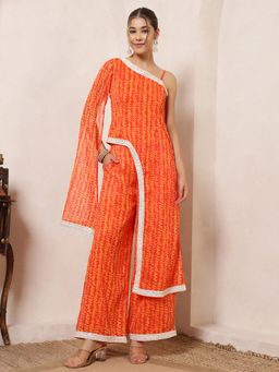 Deebaco - Women Orange Chiffon Mirror Work Kurta with Palazzo