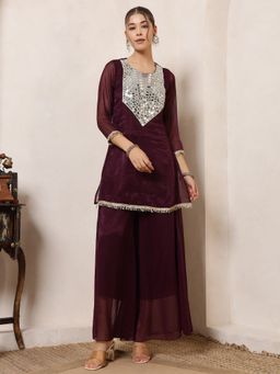 Deebaco - Women Wine Chiffon Mirror Work Kurta with Palazzo