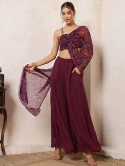 Deebaco - Women Wine Chiffon Bandhani Kurta with Sharara and Dupatta