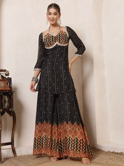 Deebaco - Women Black Chiffon Bandhani Kurta with Sharara