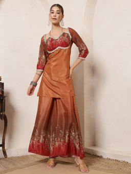 Deebaco - Women Mustard Silk Blend Printed Kurta with Sharara