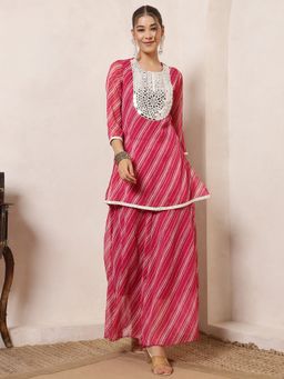 Deebaco - Women Pink Chiffon Mirror Work Kurta with Palazzo