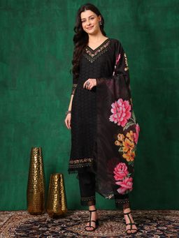 BERRYLICIOUS - Black Embroidered Chikankari Kurta with Pant and Printed Dupatta